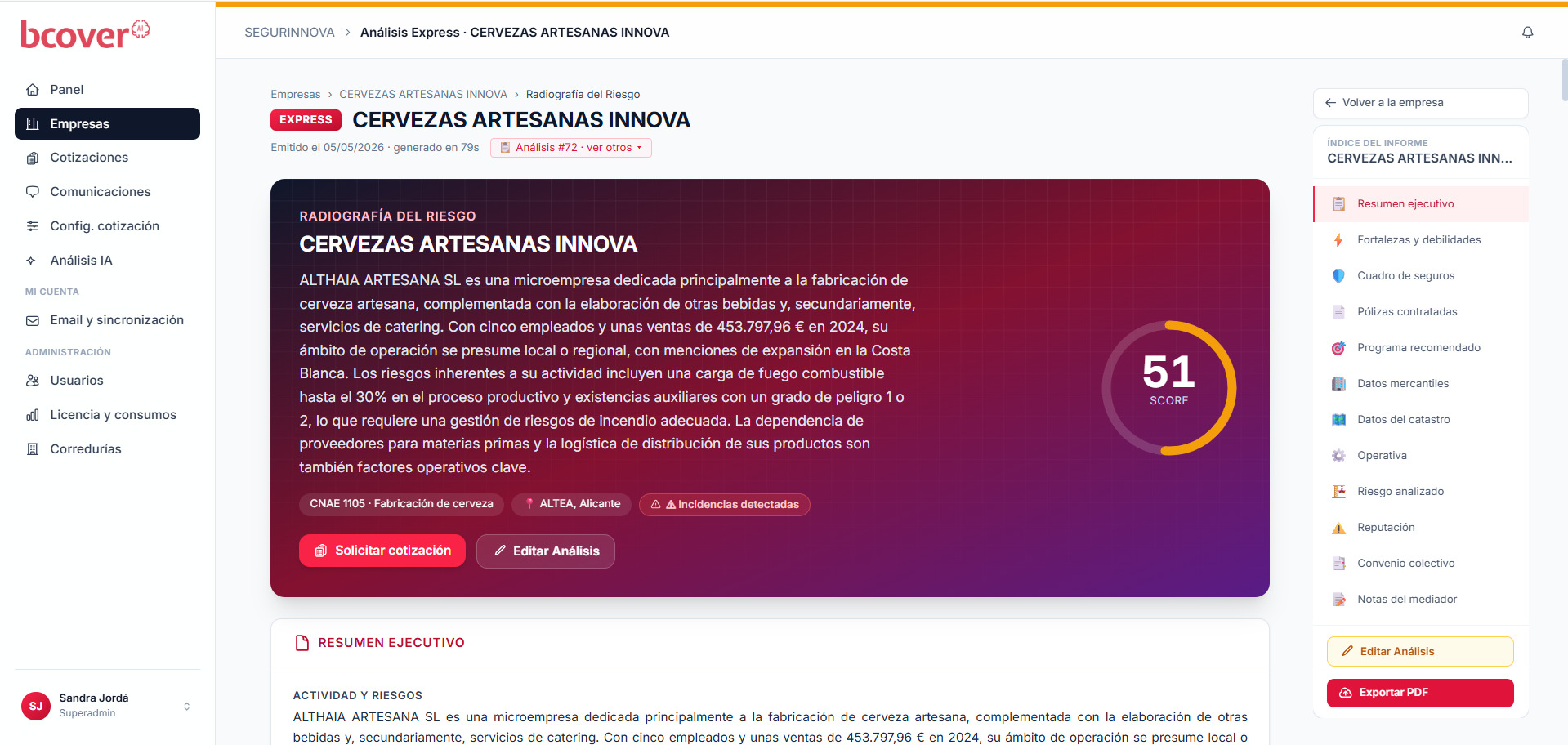 Panel de análisis de riesgos Express en BCOVER AI